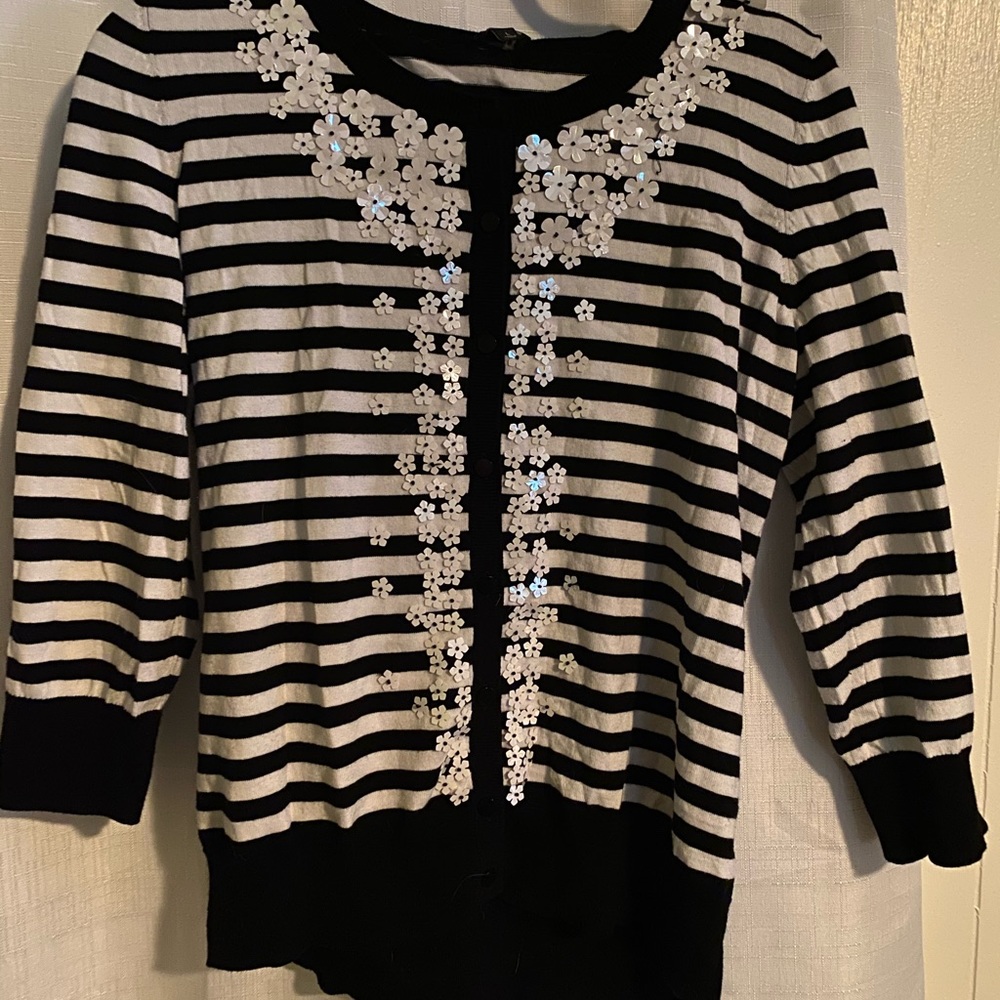 TALBOTS BLACK WHITE STRIPE FLORAL CARDIGAN L